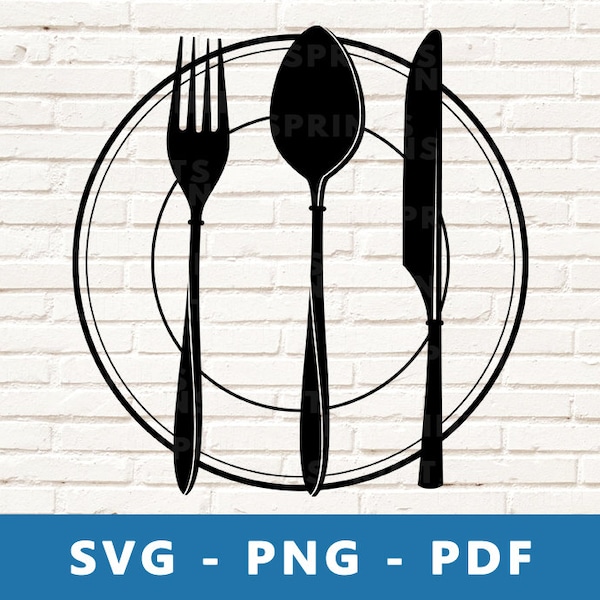 Restaurant Logo SVG, Gabel Löffel Messer in Platte SVG, Gabel Messer Löffel PNG, Geschirr Clipart, Vektor für Cricut Silhouette, Druck zu Hause