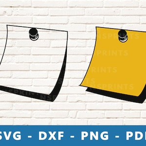 Kleverige nota's SVG, notitiepapier PNG, gele sticker notities Dxf, kleverige nota's met pin clipart, gele notitie papier Cricut silhouet snijden bestand