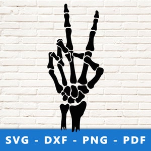 Scheletro segno di pace SVG, scheletro segno di vittoria PNG, mano di scheletro SVG, vettore di scheletro di mano, Clipart di Halloween, Cricut Silhouette Cut File