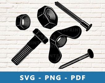 Bolts and Nuts SVG, Bolts and Nuts PNG, Nail Clipart, Hex Cap Screw Cut File, Wingnut Cricut Silhouette File, Print At Home