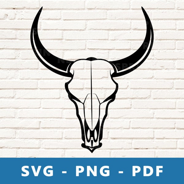 Bull Skull SVG, Bull Skull PNG, Bull Head Cut File, Bull Head Skull Clipart, Cow Skull Stencil, Cricut Silhouette Cut File, Print At Home