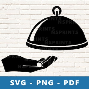 Cloche de restaurante SVG, bandeja de servir PNG, clipart de servir comida, arquivo de corte de serviço de chef, estêncil de garçom, arquivo de silhueta Cricut, imprimir em casa