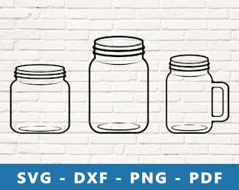メイソンジャー SVG、メイソンジャー PNG、メイソンジャー ベクター、取っ手付きメイソンジャー クリップアート、メイソンジャー Cricut シルエットカットファイル