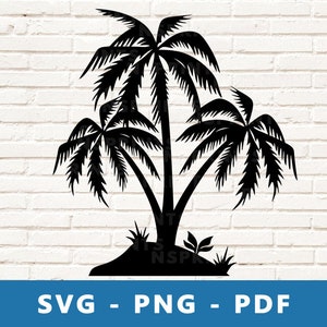 Palmboom SVG, palmbomen op eiland PNG, eiland gesneden bestand, tropisch eiland stencil, bomen clipart, Cricut silhouet snijden bestand, print thuis