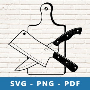 Cutting Board and Knives SVG, Kitchen SVG, Kitchen PNG, Cleaver Clipart, Butcher Knives Cricut Silhouette File, Print At Home