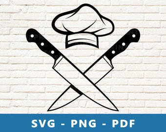 Chef Logo SVG, Chef Hat PNG, Chef Hat and Knives Clipart, Chef Knife Svg, Chef Knife Png, Restaurant Cricut Silhouette File, Print At Home
