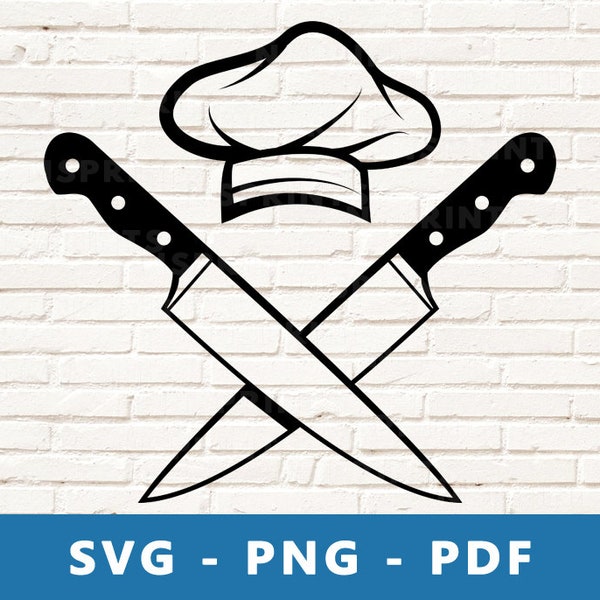 Chef Logo SVG, Chef Hat PNG, Chef Hat and Knives Clipart, Chef Knife Svg, Chef Knife Png, Restaurant Cricut Silhouette File, Print At Home
