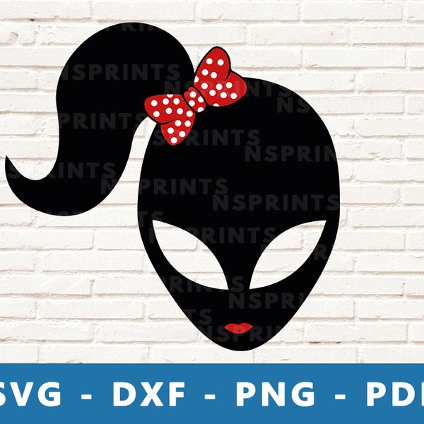 Alien Girl Svg, Lady Alien Svg, Alien Png, Alien Dxf, Cute Alien Cut File, Alien Clipart, Alien Vector with Hair Bow, Cricut Silhouette File