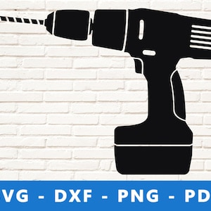 Op de afbeelding: Zwarte silhouet van een draadloze boormachine met een boor die naar links uitsteekt. De boormachine heeft een handvat en een accu.