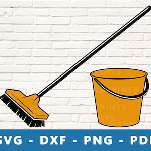 Bucket Svg, Floor Brush Svg, Bucket and Cleaning Brush Svg, Cleaning Tools SVG, Janitor Tools PNG, Cleaning Clipart, Cricut Silhouette Files