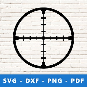May include: A black and white target with a circle around it and a crosshair in the center. The crosshair has multiple lines extending from the center.