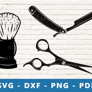 May include: Black and white silhouette illustrations of a shaving brush, straight razor, and scissors.  SVG - DXF - PNG - PDF