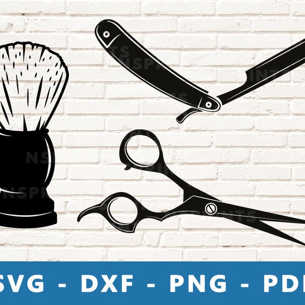 Barber Tools SVG, Shaving Brush Svg, Scissor Svg, Razor Svg, Barber PNG, Barber Tools Clipart, Beard Shaving Cut File, Cricut Silhouette