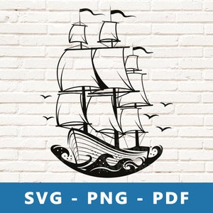 May include: Black and white silhouette of a sailing ship with multiple sails, set against a white brick wall background. The ship is sailing on a wavy sea with birds flying above.