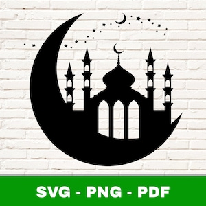 Islamitische SVG, moskee svg, islamitische png, halve maan en moskee clipart, moskee en maan gesneden bestand, ramadan svg, Cricut silhouet snijden bestand