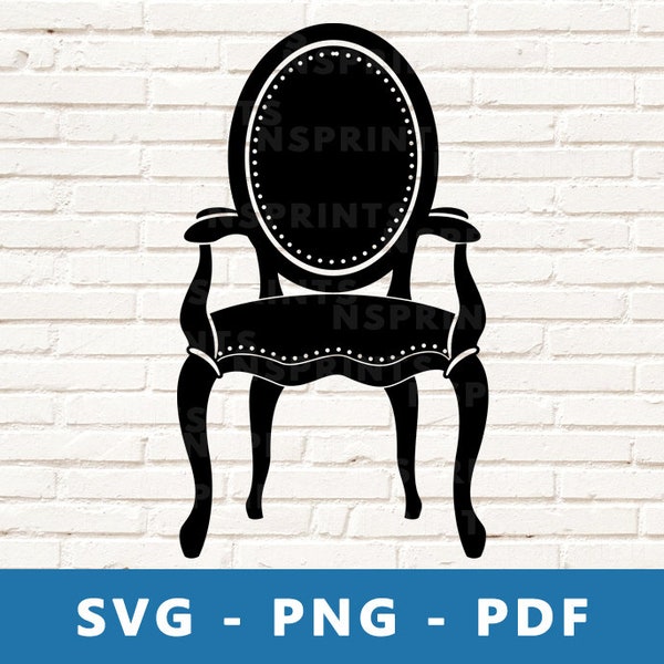 chaise vintage SVG, chaise PNG, fichier de coupe de siège, vieux vecteur de chaise, clipart bergère, fichier de coupe de fauteuil, silhouette Cricut, impression à la maison