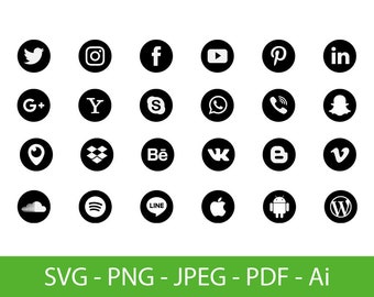 Social Media Icons SVG, Cricut Silhouette  Cut File, Black Popular 24 Icons Instant Download Set