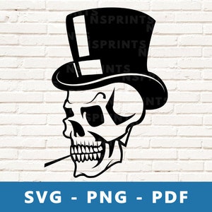 Skull SVG, Skull with Top Hat PNG, Hat wearing Skull Cut File, Skull Stencil, Skull Vector, Skull Image for Cricut Silhouette, Print At Home