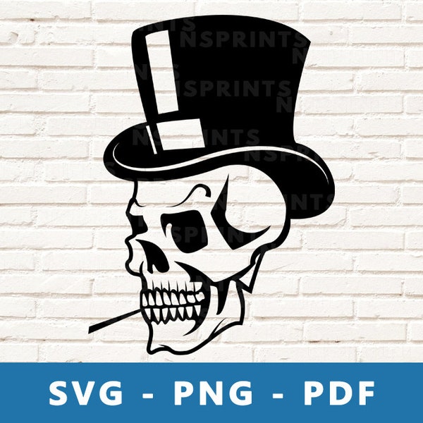 Skull SVG, Skull with Top Hat PNG, Hat wearing Skull Cut File, Skull Stencil, Skull Vector, Skull Image for Cricut Silhouette, Print At Home