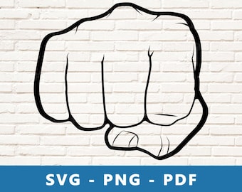 May include: A black and white line drawing of a fist, with the fingers clenched together.