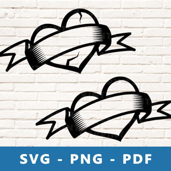 Heart Banner SVG, Heart Banner PNG, Broken Heart Banner Clipart, Love Banner Cut File, Heart Image for Cricut Silhouette  , Print At Home