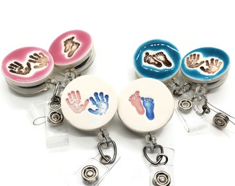 Handmade Ceramic Baby Footprint Handprint Badge Reel, NICU L&D Post Partum ID Holder