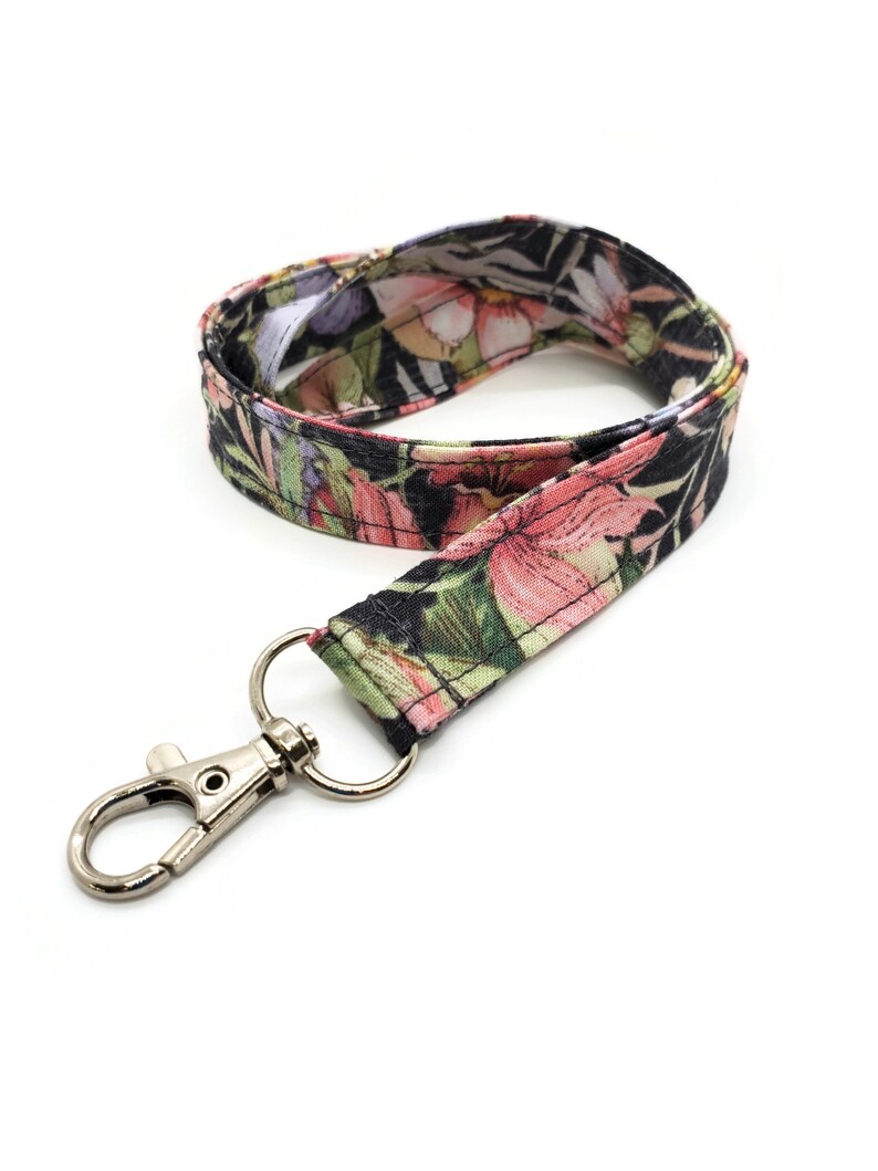 Cotton Flower ID Badge Holder Swivel Lobster Clasp Gift 4 Nurse or Teacher Stonewashed Pink and Black Floral 34 Washable Fabric Lanyard