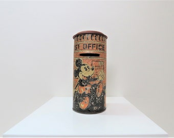 Vintage 1930s Mickey Mouse postbox tin money box by Happynak, made in England.