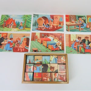 A vintage 1960s - 70s Goldilocks and the Three Bears wooden picture blocks.
