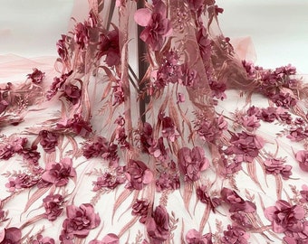 5 YARDS / BLANCHE Dark  Mauve Pink Floral Embroidery Sequin Tulle Mesh Lace / Fabric by the Yard