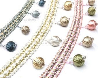 7 COLORS / GISELLE 2&quot; Pink Blue Ivory Boho Pompom ball Beaded Tassel Fringe Trim / Drapery, Upholstery, Pillows, Home Decor / By The Yard