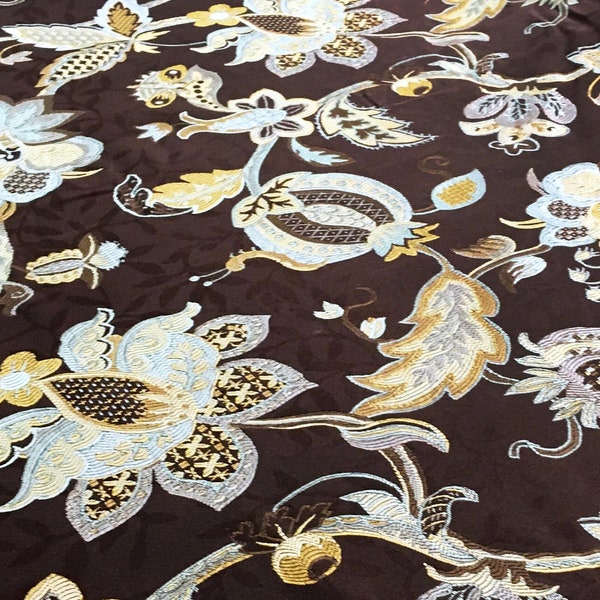 3 YARDS / Chocolate Brown Blue Gold Floral Jacquard Brocade Fabric /Drapery, Upholstery, Pillow, Costume/ Fabric By the Yard