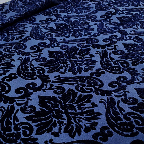 Royal Navy Blue Velvet Tone on Tone Damask Fabric/Drapery, Upholstery, Pillow, Costume / Fabric By the Yard