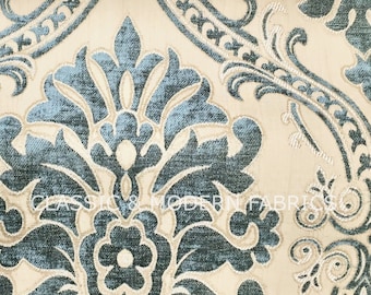5 FARBEN / Klassischer Blumen Damast Teal Grüner Samtstoff / Stoff Meterware