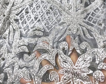 Bellagio METALLIC SILVER Glitter on Light Tulle Mesh Lace Fabric / Sold by the Yard