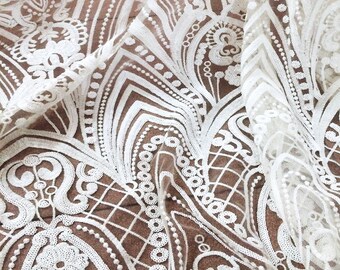 WHITE Sequin Embroidery Tulle Mesh Lace / Fabric by the Yard