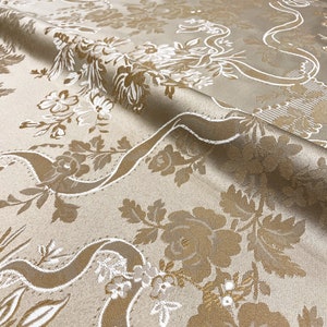 Golden Brown Floral Ribbon Jacquard Brocade Fabric / Drapery, Curtain, Upholstery, Costume/Fabric by the Yard