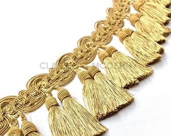ISABELLE Vintage Gold 3 1/2&quot; Beaded Tassel Fringe Trim / Drapery, Upholstery, Pillows, Home Decor / By The Yard