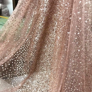 OLIVIA Gradient Rose Gold Dusty Pink on Brown Tan Mesh Ground Glitter Embroidery Mesh Lace Dress Fabric / Sold by the yard