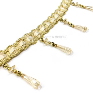 ELLA Gold 3&quot; Beaded Tassel Fringe Trim / Drapery, Upholstery, Pillows, Home Decor / By The Yard