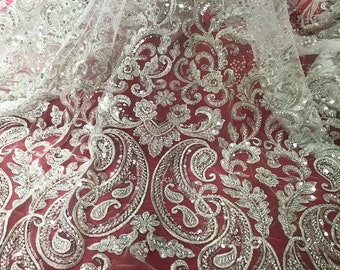 5 YARDS / Liminate BEIGE SILVER Damask Classic Pattern Sequin Dress Mesh Lace Fabric