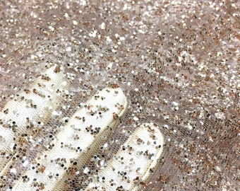 Rose Gold on Light Brown Tan Mesh Ground Glitter Embroidery Mesh Lace Dress Fabric / Sold by the yard