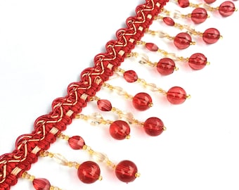 OCEANE 2.5" Red Gold Beaded Tassel Fringe Trim / Drapery, Upholstery, Pillows, Home Decor / By The Yard