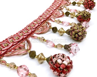 MILAN Pink 4.5&quot; Two Tone Pompom Beaded Trim, Beaded, Tassel, Fringe / Drapery, Upholstery, Pillows, Home Decor / By the yard