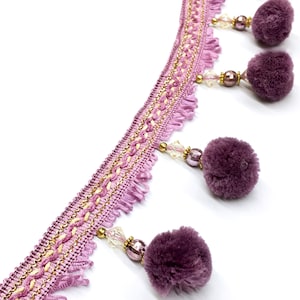 12 YARDS / ADELE 3&quot; Purple Boho Pom pom Ball Bead Fringe Trim / Drapery, Upholstery, Crafts, Home Decor
