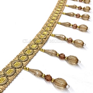 12 YARDS / Raissa Coffee Gold 3.75&quot; Ball Beaded Tassel Fringe Trim / Drapery, Upholstery, Pillows, Home Decor