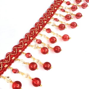 OCEANE 2.5&quot; Red Gold Beaded Tassel Fringe Trim / Drapery, Upholstery, Pillows, Home Decor / By The Yard