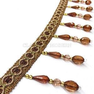 12 YARDS / Raissa Dark Brown 3.75&quot; Ball Beaded Tassel Fringe Trim / Drapery, Upholstery, Pillows, Home Decor