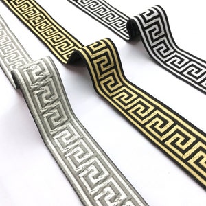 3 YARDS / 1.25 Inch Metallic Black Gold Greek Key Ribbon Trim Tape / Drapery, Upholstery, Pillows, Home Decor / By The Yard