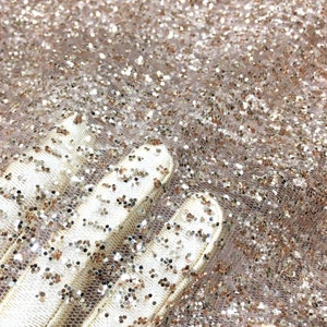 Rose Gold on Light Brown Tan Mesh Ground Glitter Embroidery Mesh Lace Dress Fabric / Sold by the yard